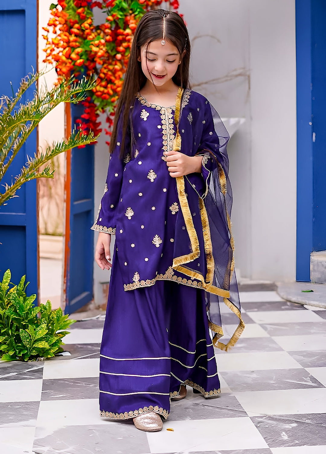 Modest Girls RTW Embroidered Silk 3 Piece Suit Blue Gharara Wedding Collection