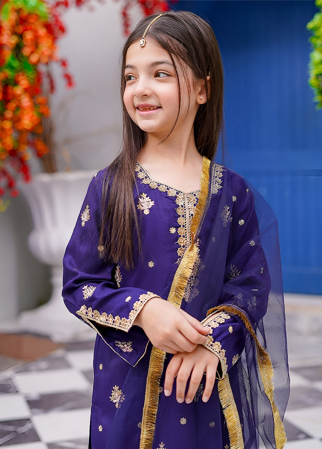 Modest Girls RTW Embroidered Silk 3 Piece Suit Blue Gharara Wedding Collection