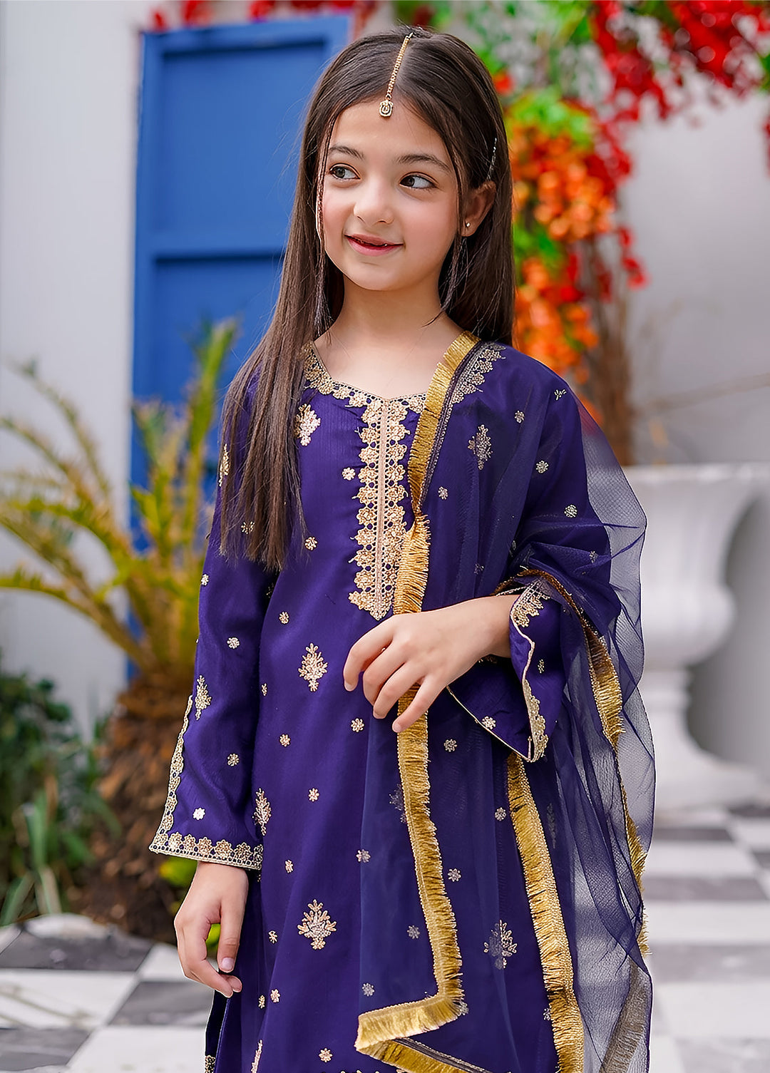 Modest Girls RTW Embroidered Silk 3 Piece Suit Blue Gharara Wedding Collection