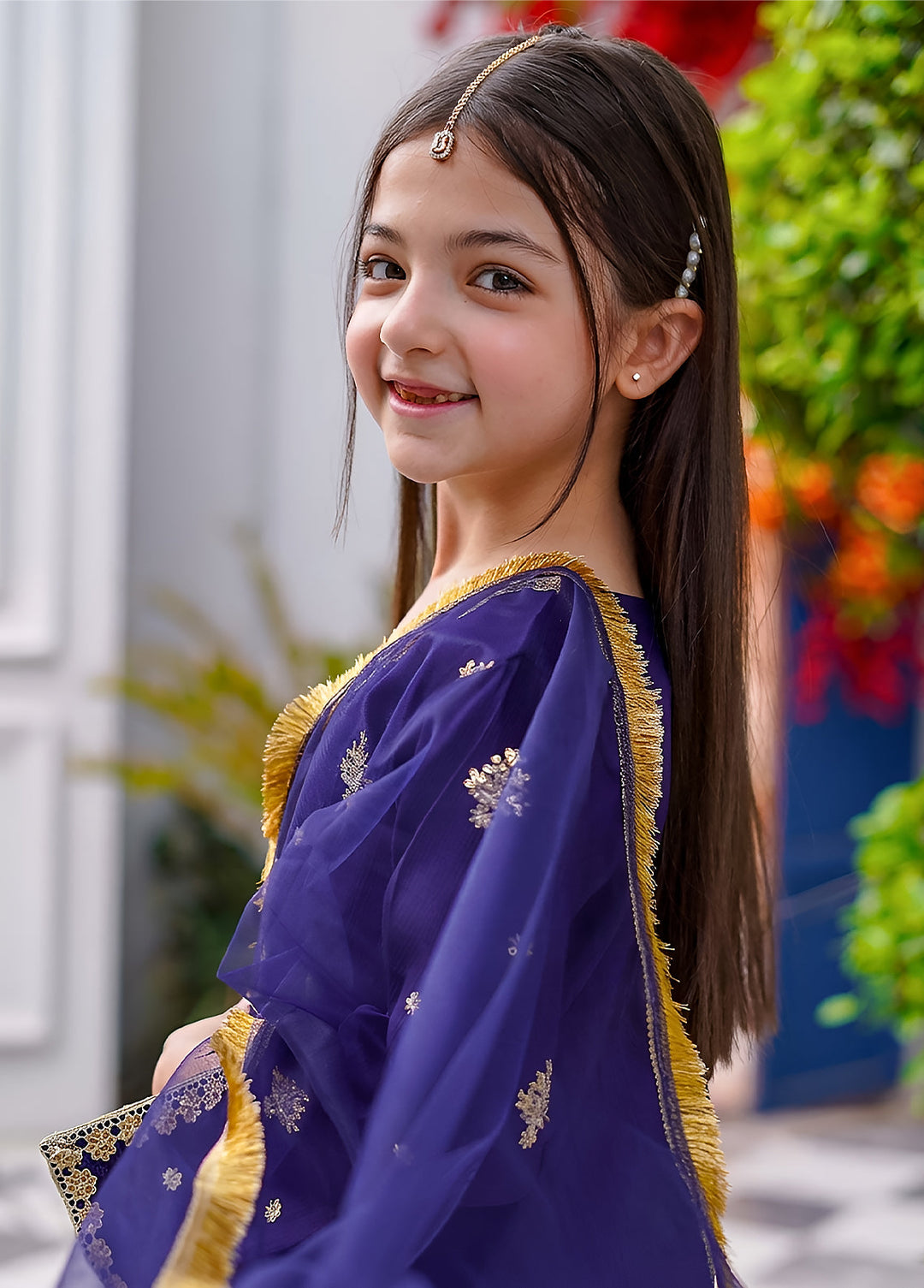 Modest Girls RTW Embroidered Silk 3 Piece Suit Blue Gharara Wedding Collection