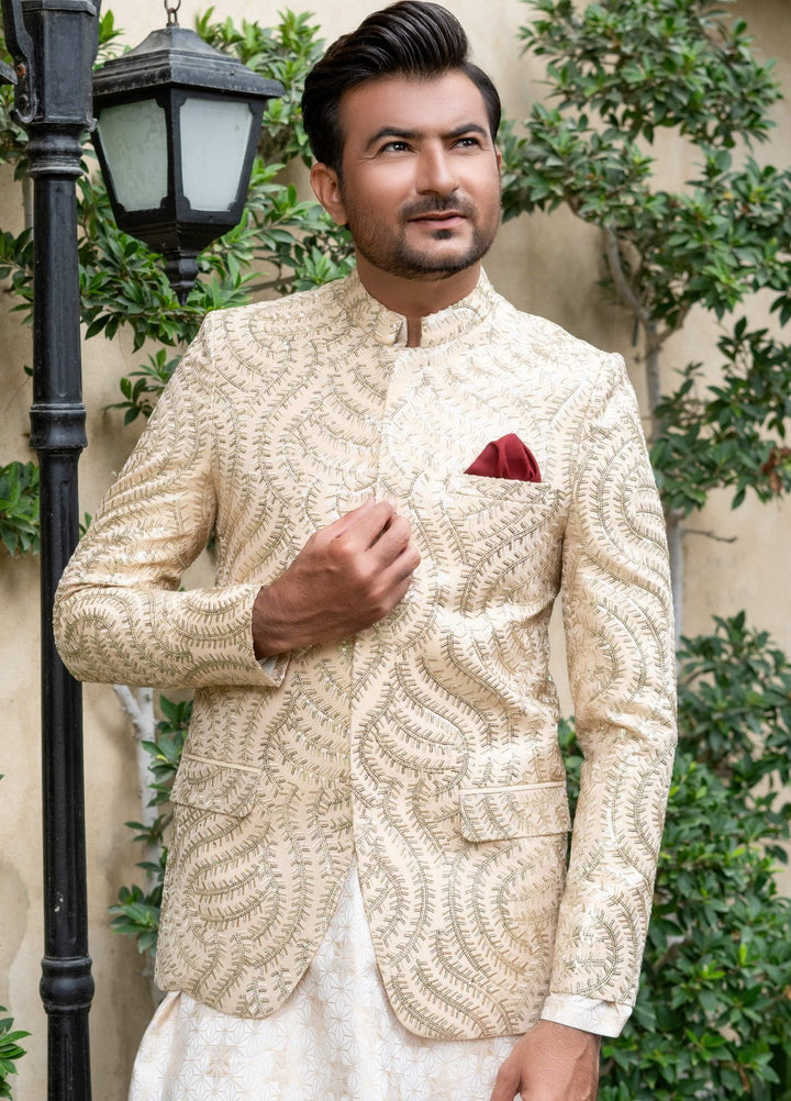Zarrar by Edge Republic Mens RTW Embroidered Blended Cotton 3 Piece Suit Prince Coat ER 2071 Festive Collection