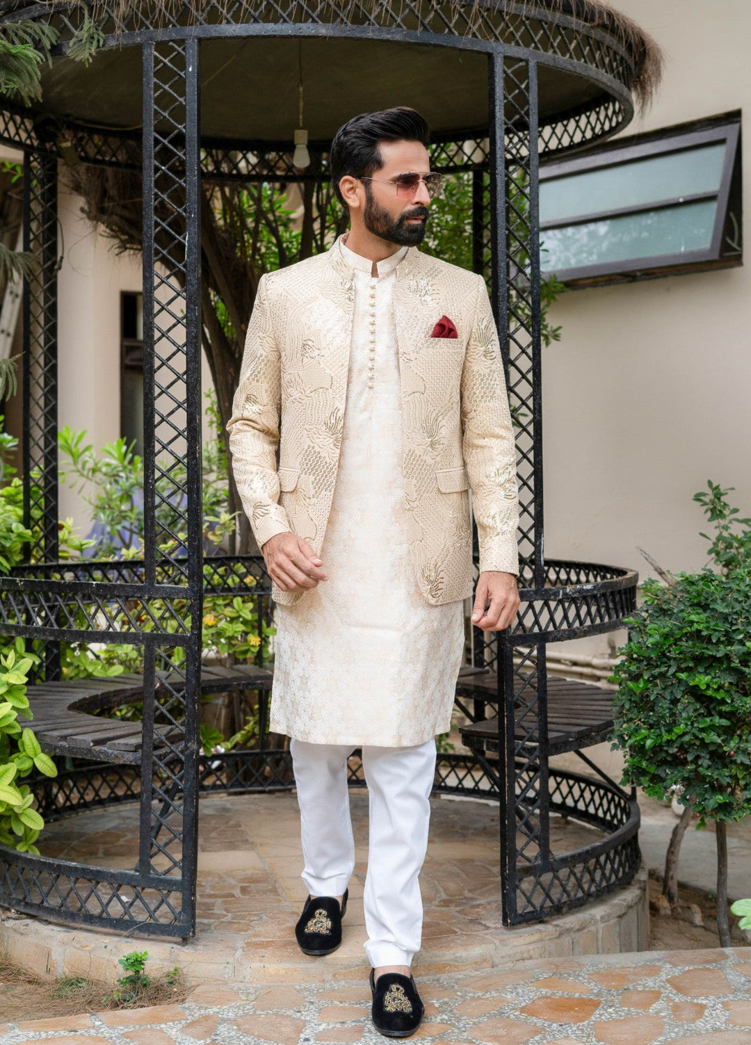 Zarrar by Edge Republic Mens RTW Embroidered Blended Cotton 3 Piece Suit Prince Coat ER 2073 Festive Collection