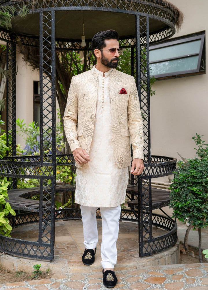 Zarrar by Edge Republic Mens RTW Embroidered Blended Cotton 3 Piece Suit Prince Coat ER 2073 Festive Collection