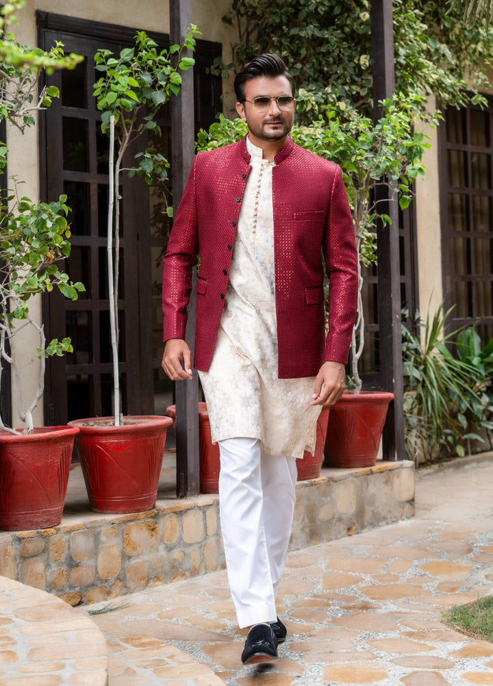 Zarrar by Edge Republic Mens RTW Embroidered Blended Cotton 3 Piece Suit Prince Coat ER 2091 Festive Collection