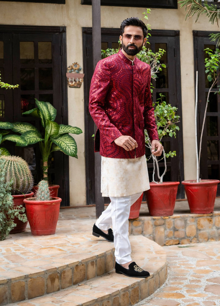 Zarrar by Edge Republic Mens RTW Embroidered Blended Cotton 3 Piece Suit Prince Coat ER 2092 Festive Collection