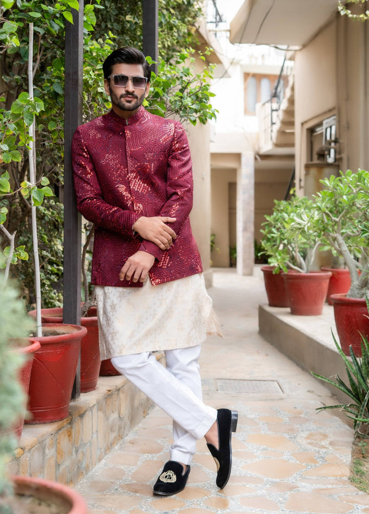 Zarrar by Edge Republic Mens RTW Embroidered Blended Cotton 3 Piece Suit Prince Coat ER 2093 Festive Collection