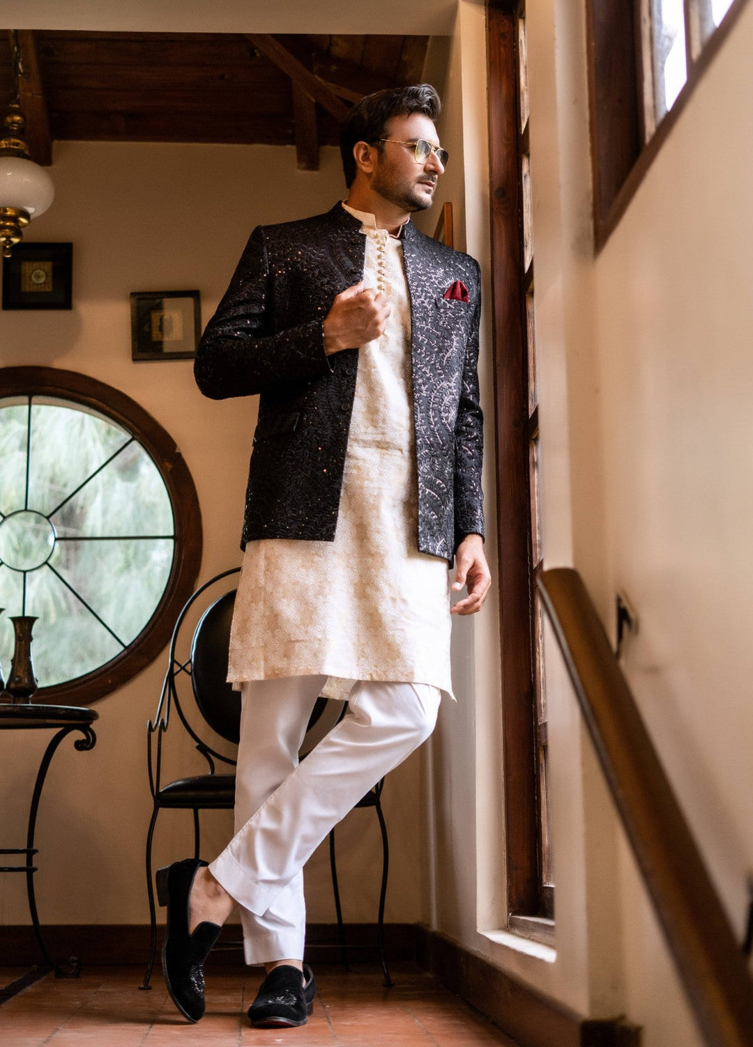 Zarrar by Edge Republic Mens RTW Embroidered Blended Cotton 3 Piece Suit Prince Coat ER 2086 Festive Collection