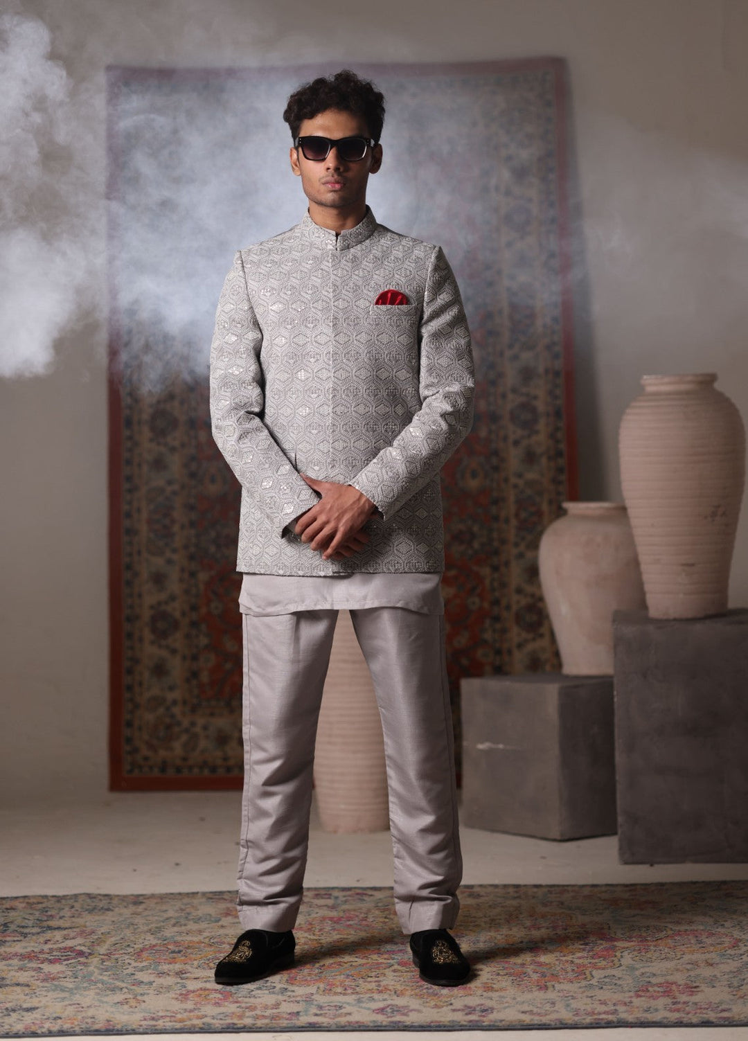 Modest by Edge Republic Mens RTW Embroidered Blended Cotton 3 Piece Suit Prince Coat ER 3023 Festive Collection