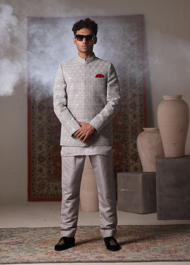 Modest by Edge Republic Mens RTW Embroidered Blended Cotton 3 Piece Suit Prince Coat ER 3023 Festive Collection