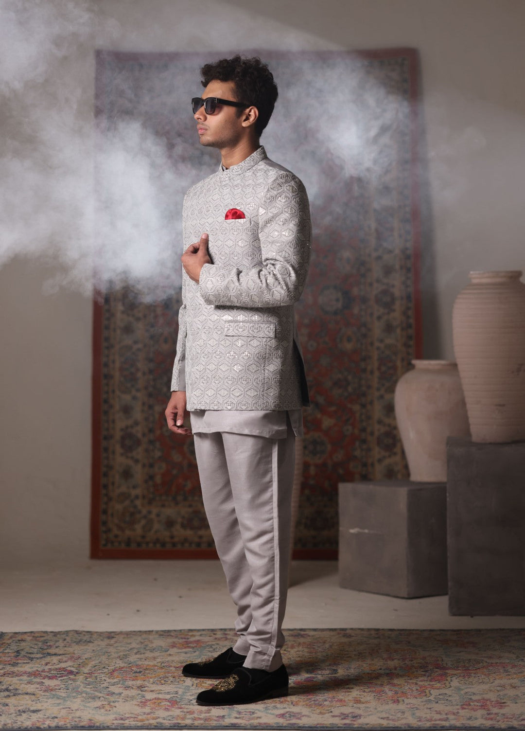 Modest by Edge Republic Mens RTW Embroidered Blended Cotton 3 Piece Suit Prince Coat ER 3023 Festive Collection
