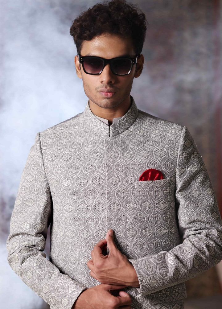 Modest by Edge Republic Mens RTW Embroidered Blended Cotton 3 Piece Suit Prince Coat ER 3023 Festive Collection