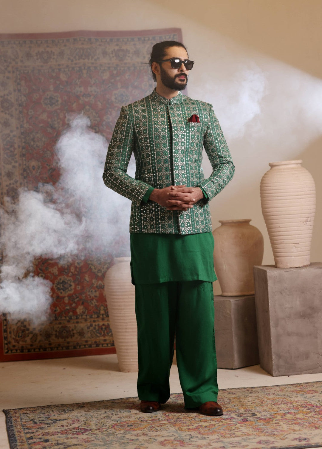 Modest by Edge Republic Mens RTW Embroidered Blended Cotton 3 Piece Suit Prince Coat ER 3022 Festive Collection