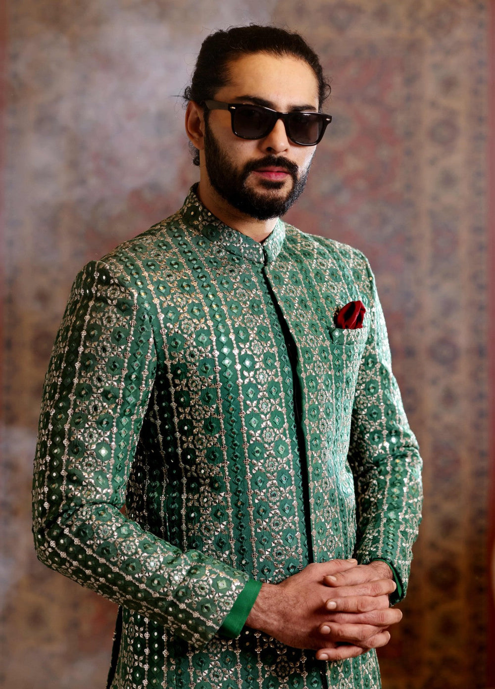 Modest by Edge Republic Mens RTW Embroidered Blended Cotton 3 Piece Suit Prince Coat ER 3022 Festive Collection