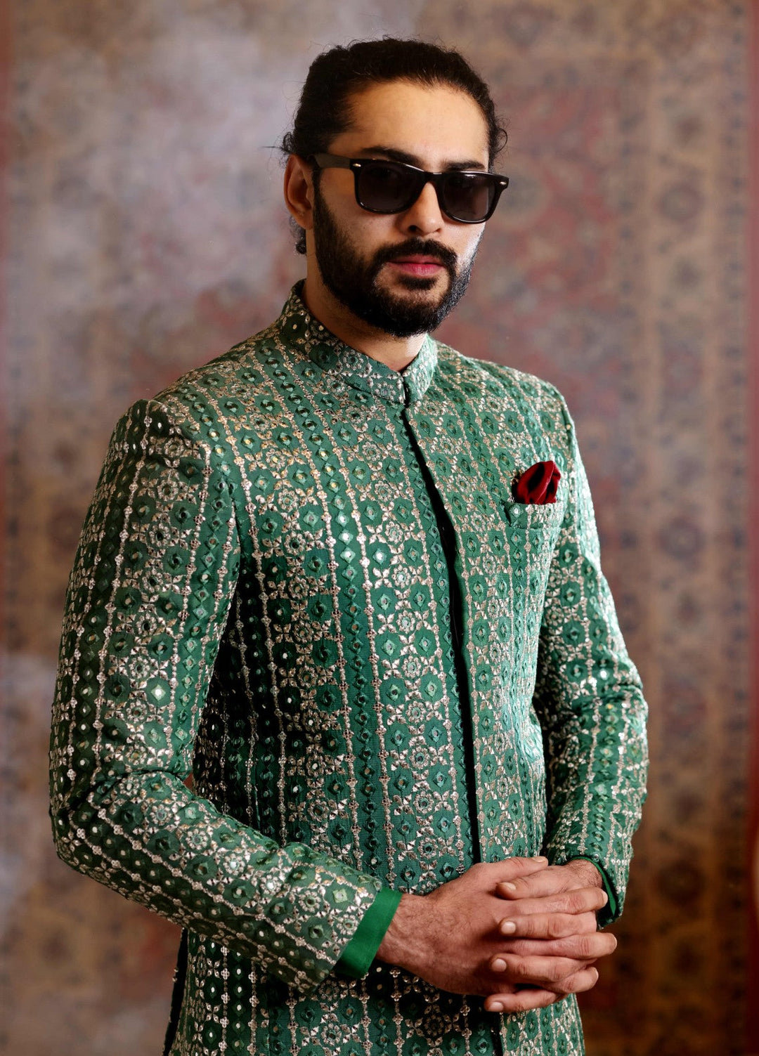 Modest by Edge Republic Mens RTW Embroidered Blended Cotton 3 Piece Suit Prince Coat ER 3022 Festive Collection
