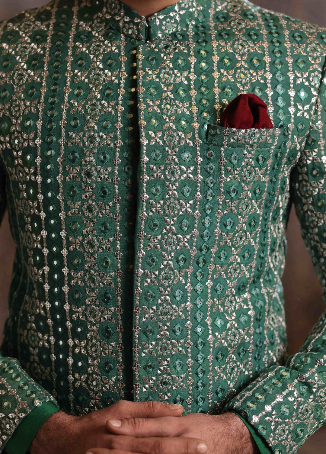 Modest by Edge Republic Mens RTW Embroidered Blended Cotton 3 Piece Suit Prince Coat ER 3022 Festive Collection