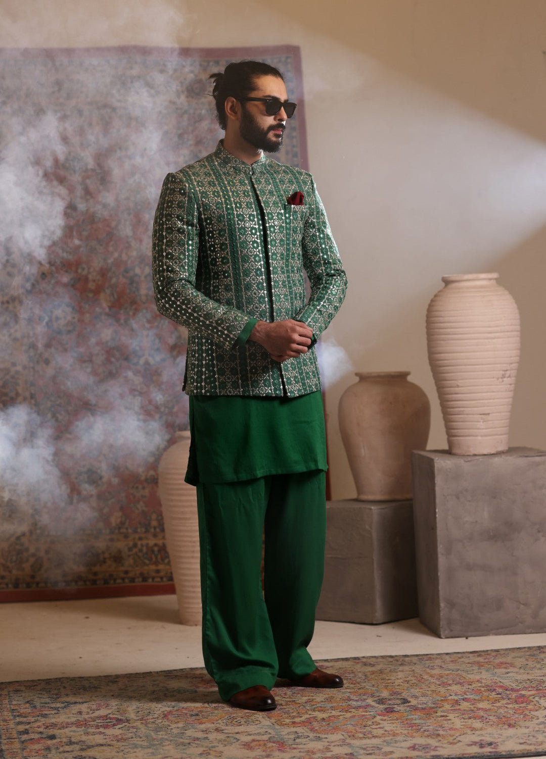 Modest by Edge Republic Mens RTW Embroidered Blended Cotton 3 Piece Suit Prince Coat ER 3022 Festive Collection