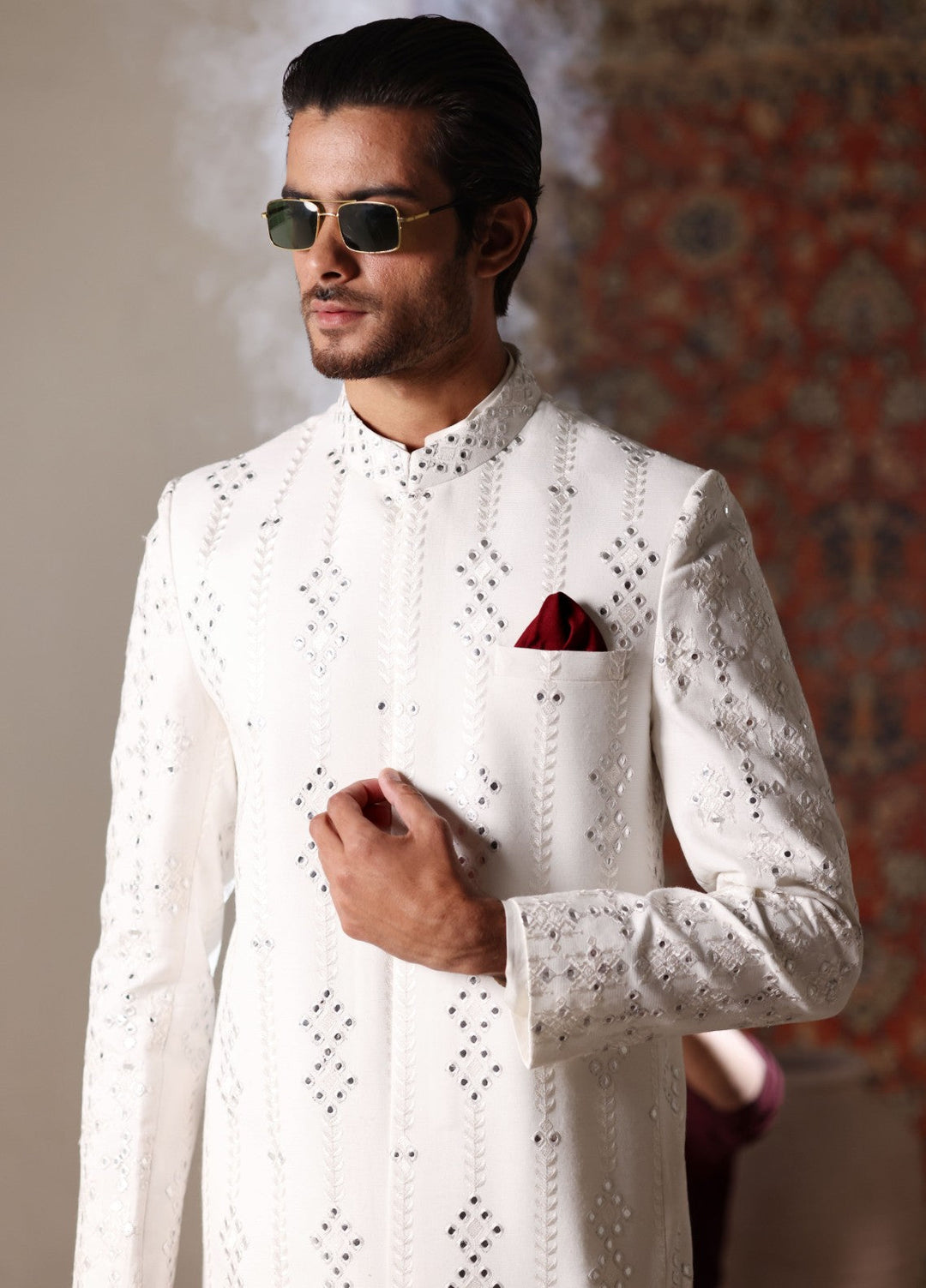 Modest by Edge Republic Mens RTW Embroidered Blended Cotton 3 Piece Suit Prince Coat ER 3021 Festive Collection