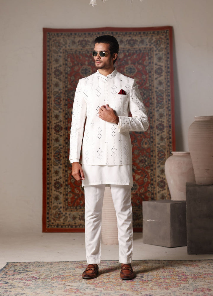 Modest by Edge Republic Mens RTW Embroidered Blended Cotton 3 Piece Suit Prince Coat ER 3021 Festive Collection