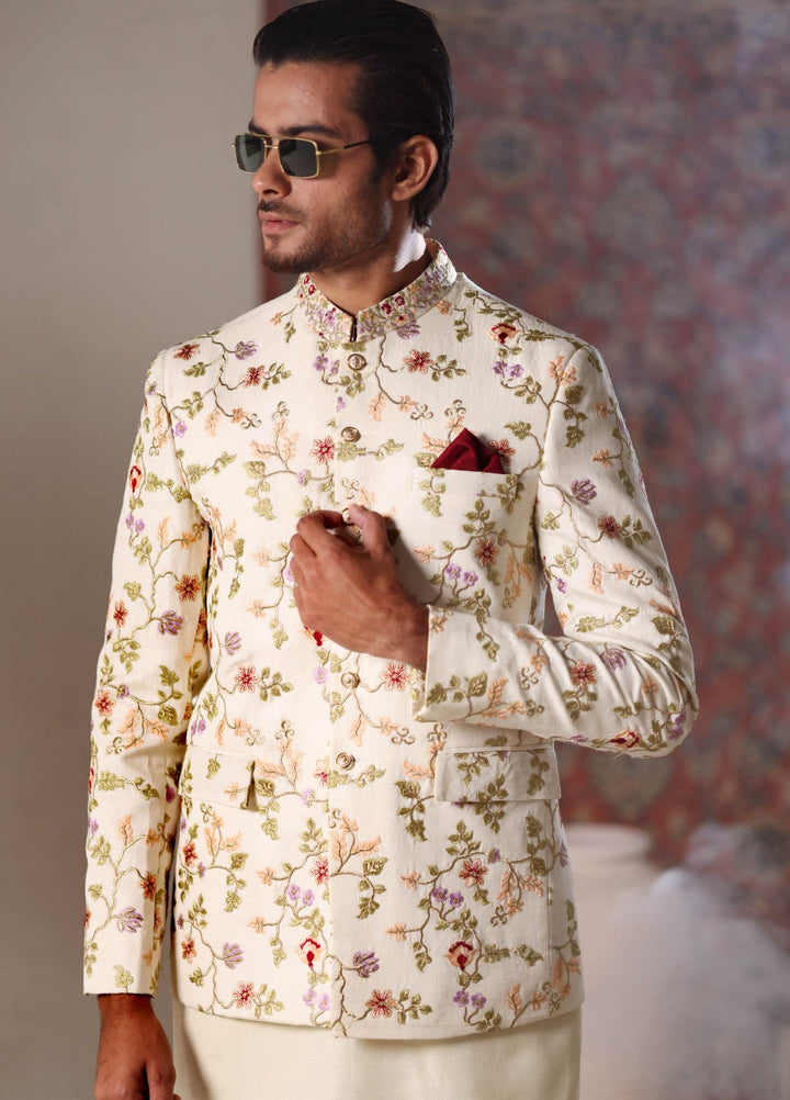 Modest by Edge Republic Mens RTW Embroidered Blended Cotton 3 Piece Suit Prince Coat ER 3020 Festive Collection