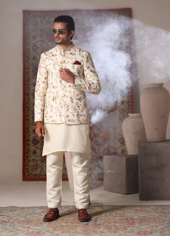 Modest by Edge Republic Mens RTW Embroidered Blended Cotton 3 Piece Suit Prince Coat ER 3020 Festive Collection