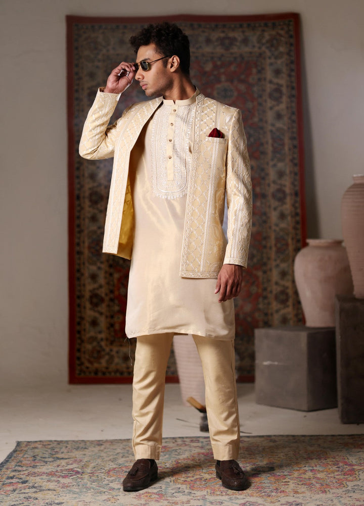 Modest by Edge Republic Mens RTW Embroidered Blended Cotton 3 Piece Suit Prince Coat ER 3019 Festive Collection