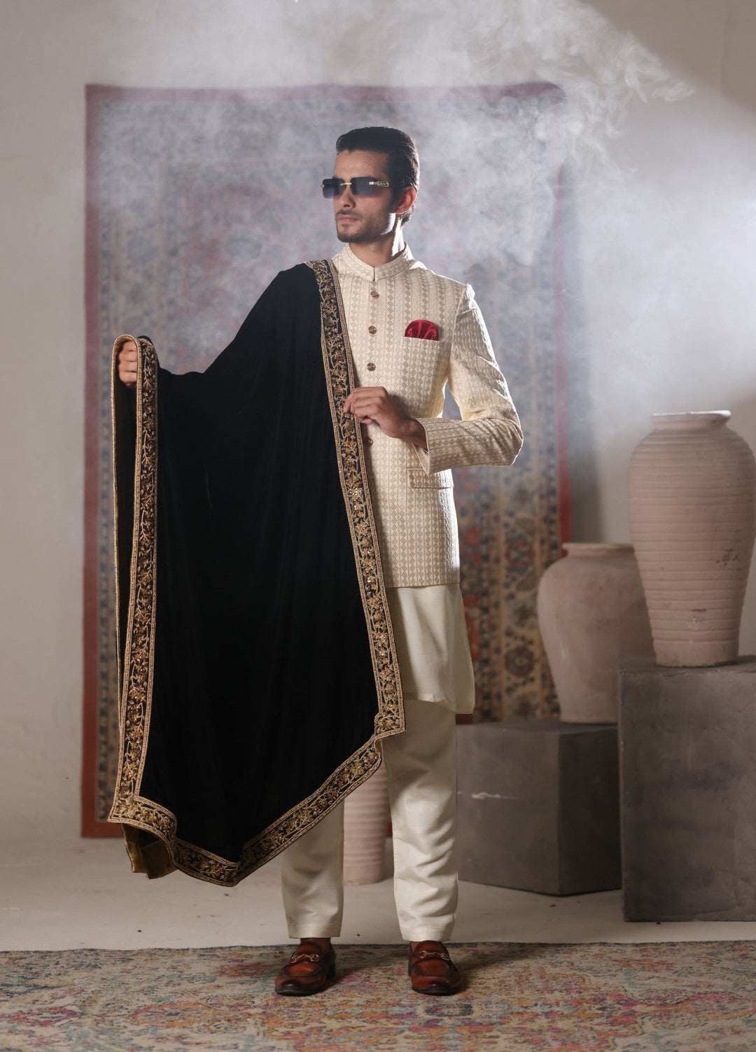 Modest by Edge Republic Mens RTW Embroidered Blended Cotton 3 Piece Suit Prince Coat ER 3018 Festive Collection