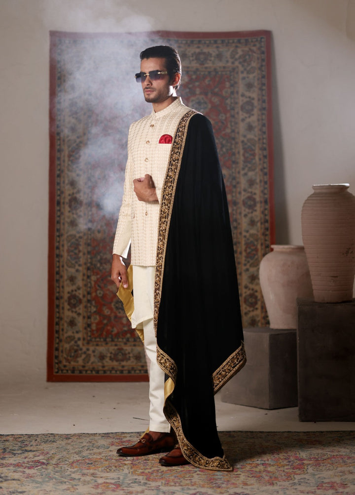 Modest by Edge Republic Mens RTW Embroidered Blended Cotton 3 Piece Suit Prince Coat ER 3018 Festive Collection