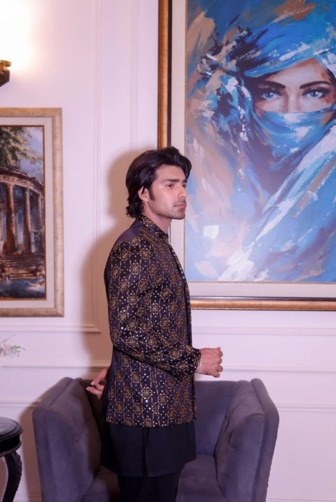 Modest by Edge Republic Mens RTW Embroidered Blended Cotton 3 Piece Suit Prince Coat ER 3016 Festive Collection