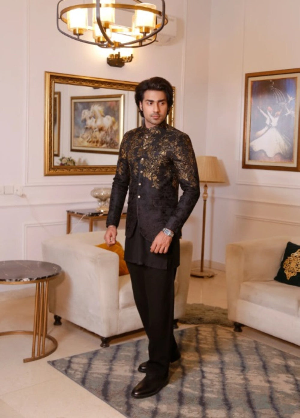 Modest by Edge Republic Mens RTW Embroidered Blended Cotton 3 Piece Suit Prince Coat ER 3013 Festive Collection