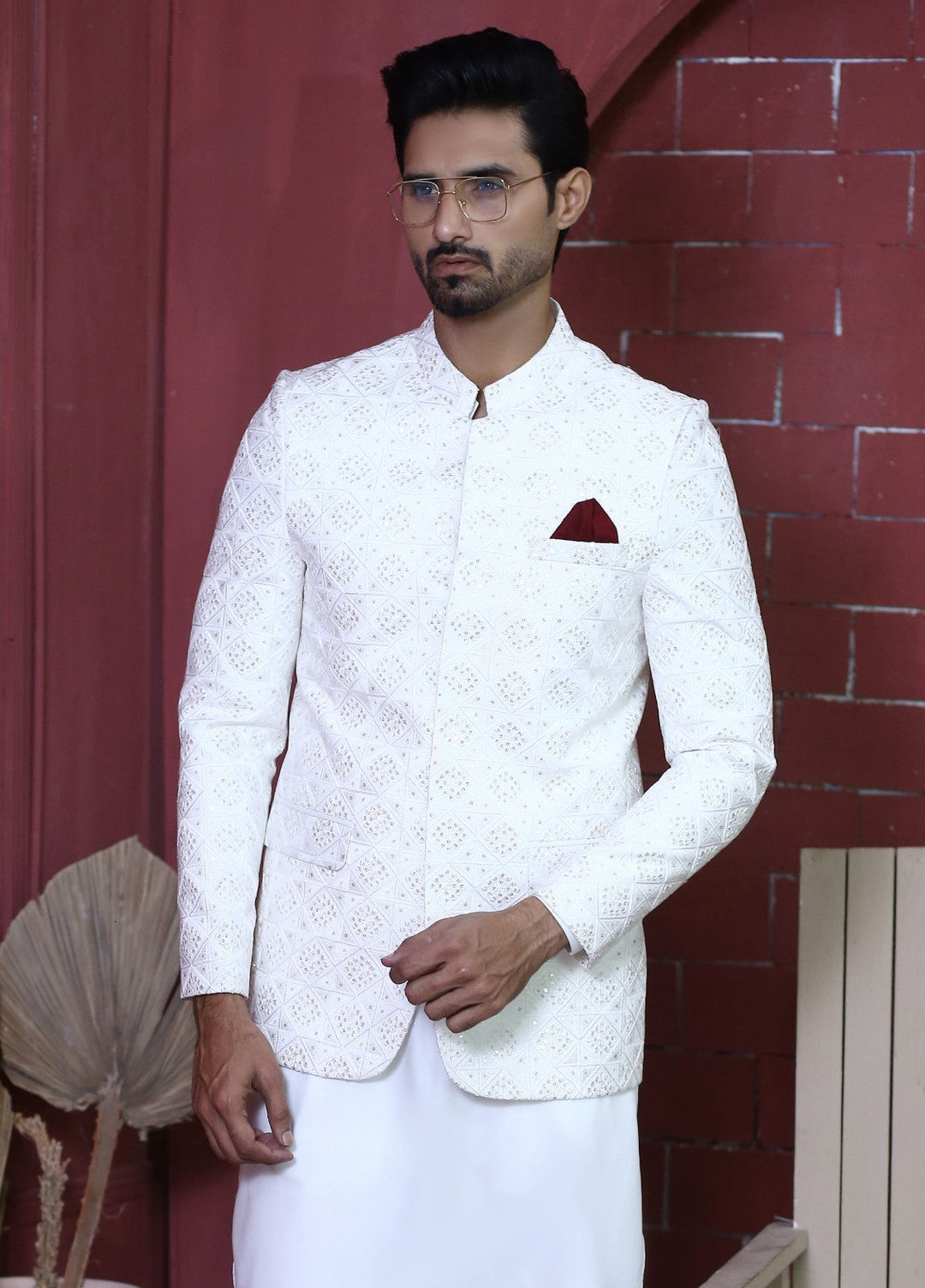 Modest by Edge Republic Mens RTW Embroidered Blended Cotton 3 Piece Suit Prince Coat ER 3004 Festive Collection