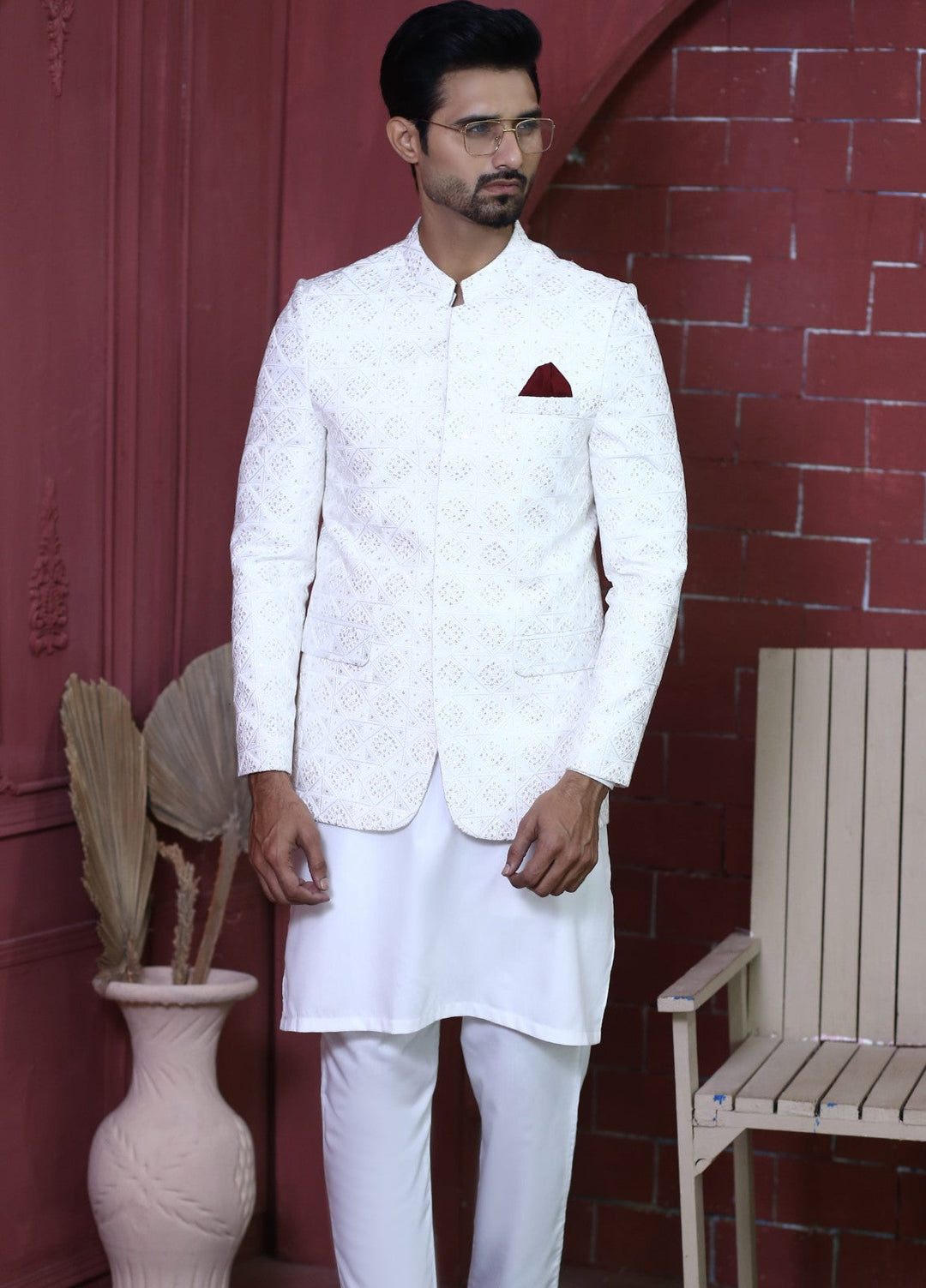 Modest by Edge Republic Mens RTW Embroidered Blended Cotton 3 Piece Suit Prince Coat ER 3004 Festive Collection