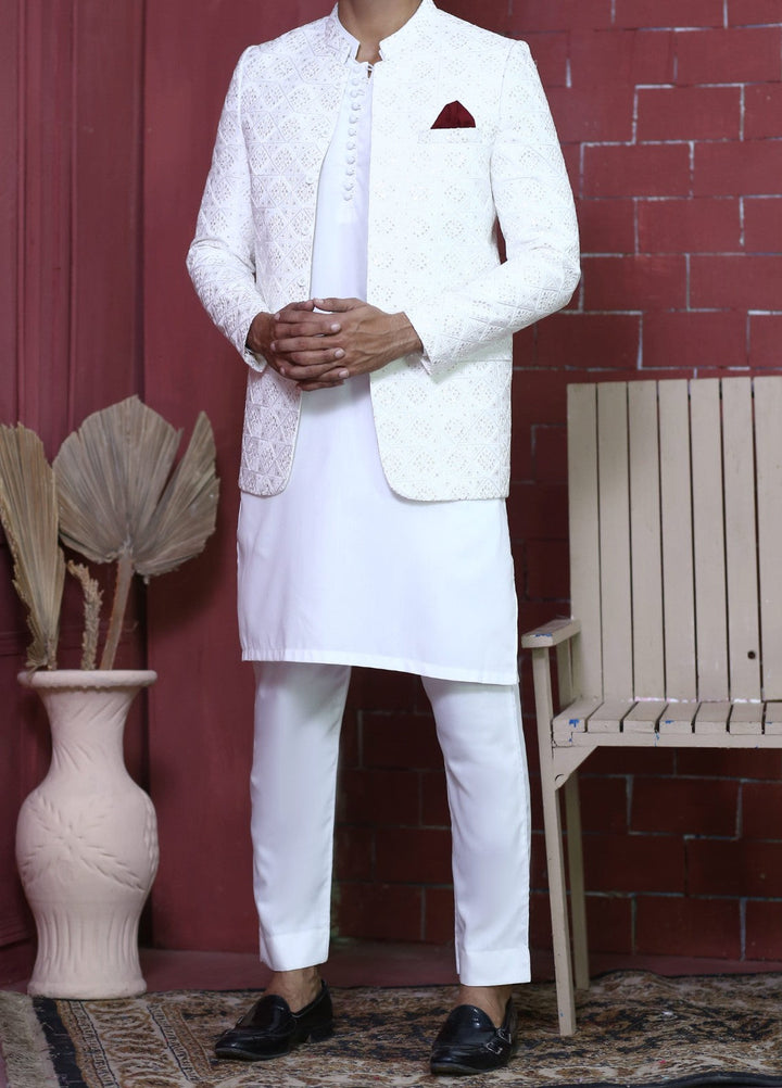 Modest by Edge Republic Mens RTW Embroidered Blended Cotton 3 Piece Suit Prince Coat ER 3004 Festive Collection