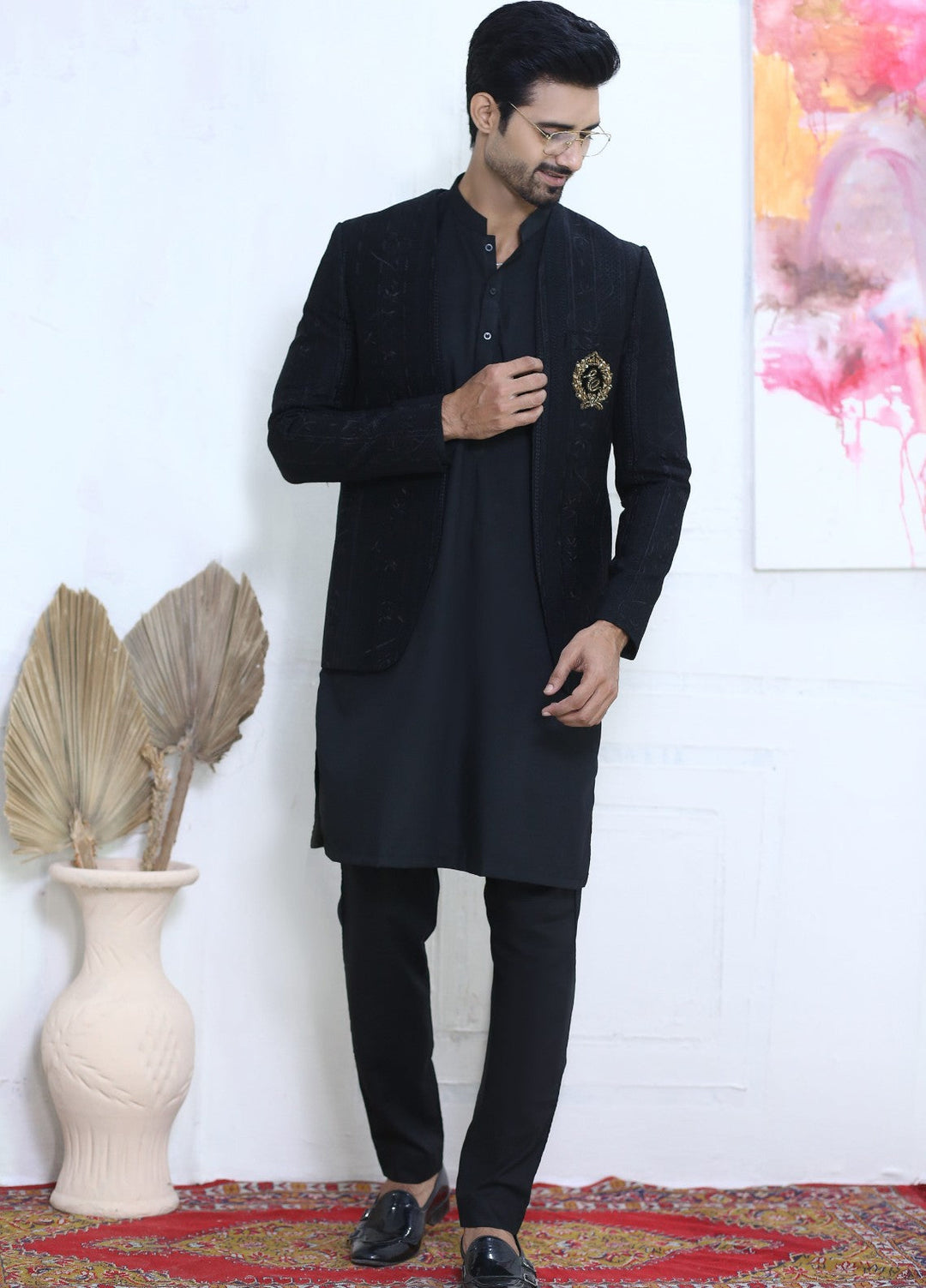 Modest by Edge Republic Mens RTW Embroidered Blended Cotton 3 Piece Suit Prince Coat ER 3003 Festive Collection