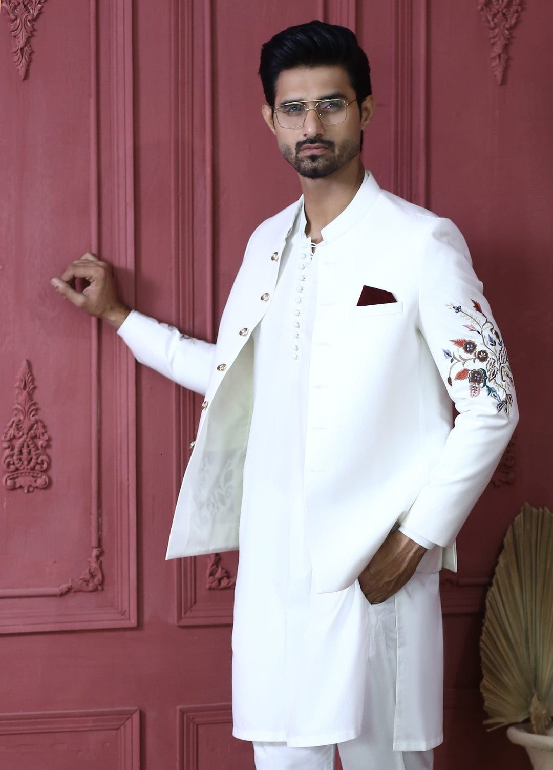 Modest by Edge Republic Mens RTW Embroidered Blended Cotton 3 Piece Suit Prince Coat ER 3002 Festive Collection