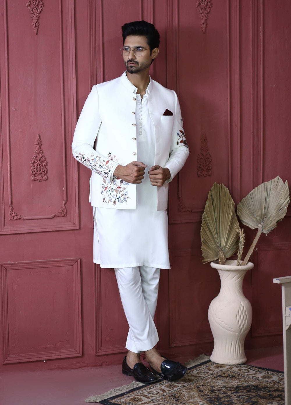 Modest by Edge Republic Mens RTW Embroidered Blended Cotton 3 Piece Suit Prince Coat ER 3002 Festive Collection