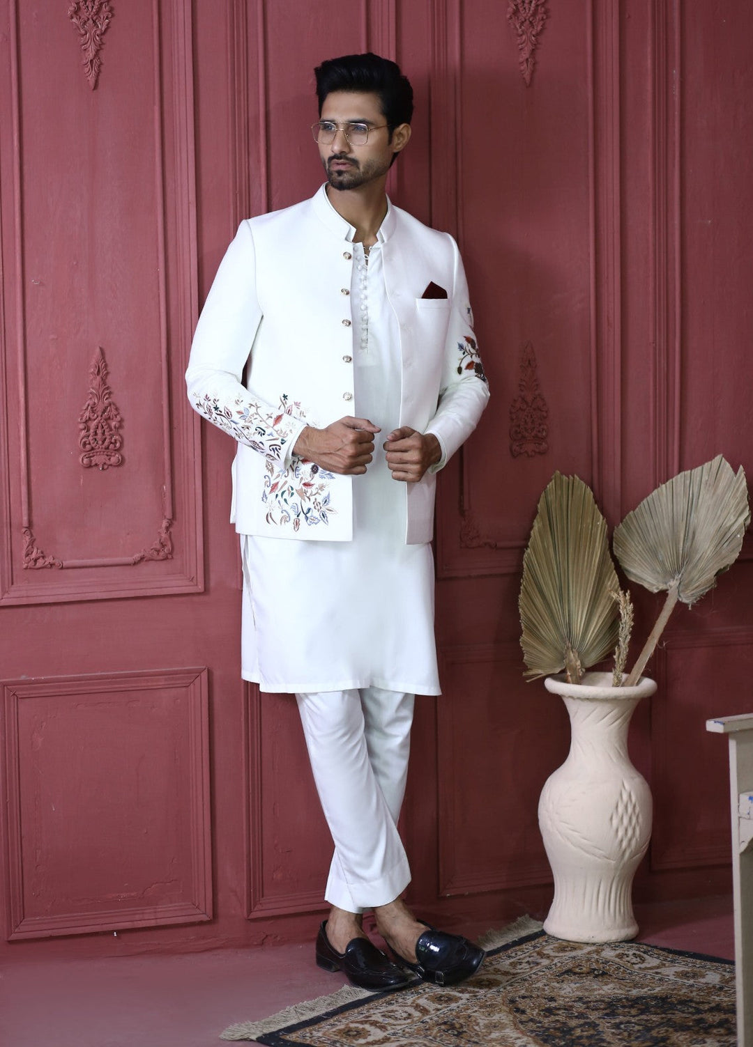 Modest by Edge Republic Mens RTW Embroidered Blended Cotton 3 Piece Suit Prince Coat ER 3002 Festive Collection