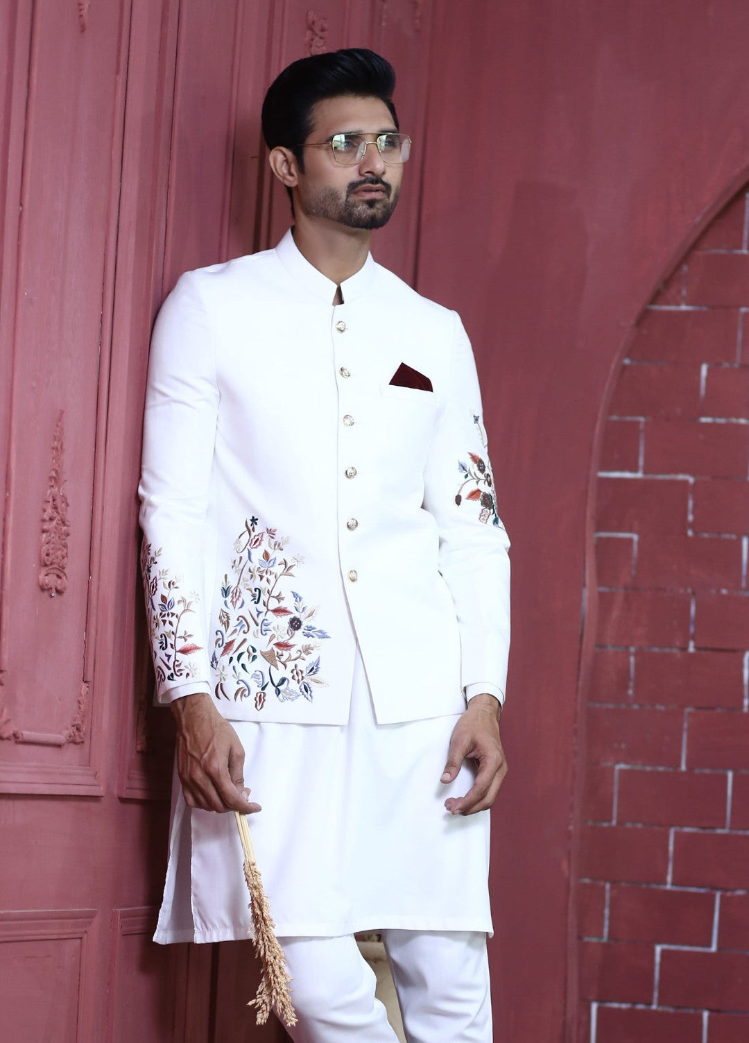 Modest by Edge Republic Mens RTW Embroidered Blended Cotton 3 Piece Suit Prince Coat ER 3002 Festive Collection