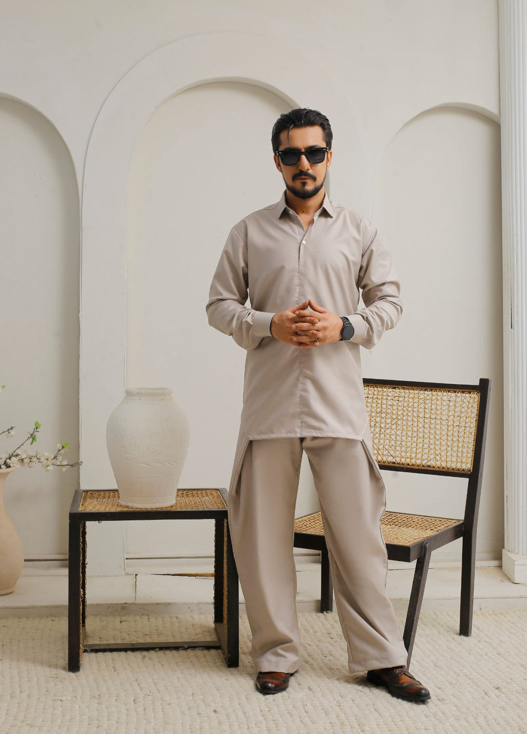 Modern Edge Republic Mens RTW Solids Wash N Wear 2 Piece Suit Mid Beige ER 804 Festive Collection