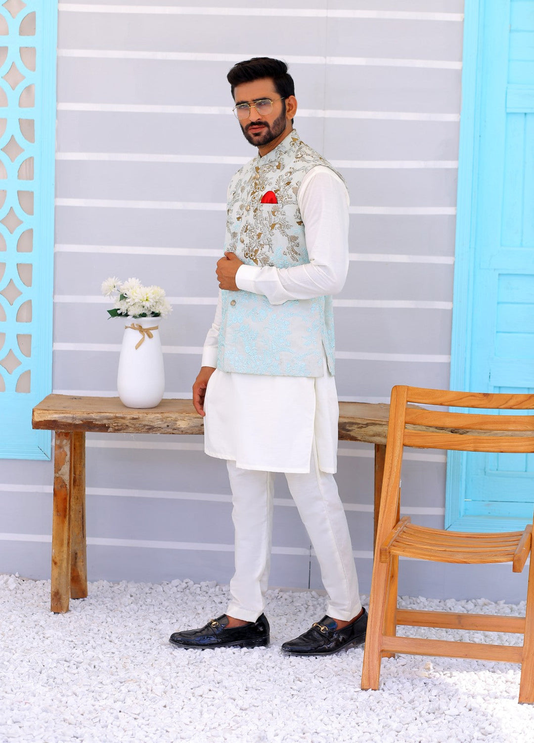 Luxe Waistcoat by Edge Republic Mens RTW Embroidered Wash N Wear 2 Piece Suit ER WC 1086 Festive Collection