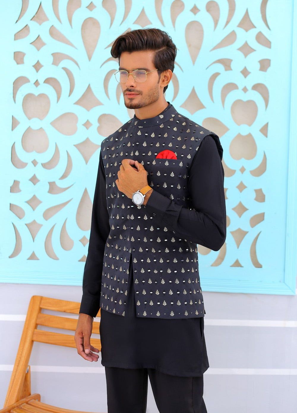 Luxe Waistcoat by Edge Republic Mens RTW Embroidered Wash N Wear 2 Piece Suit ER WC 1082 Festive Collection