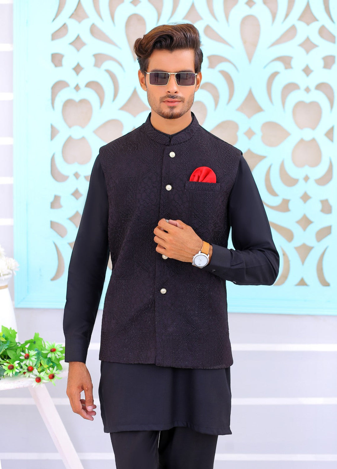 Luxe Waistcoat by Edge Republic Mens RTW Embroidered Wash N Wear 2 Piece Suit ER WC 1081 Festive Collection