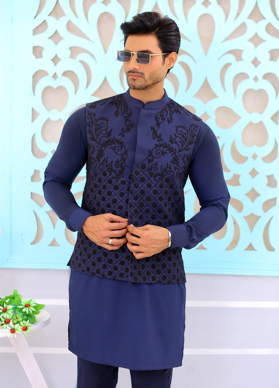Luxe Waistcoat by Edge Republic Mens RTW Embroidered Wash N Wear 2 Piece Suit ER WC 1078 Festive Collection