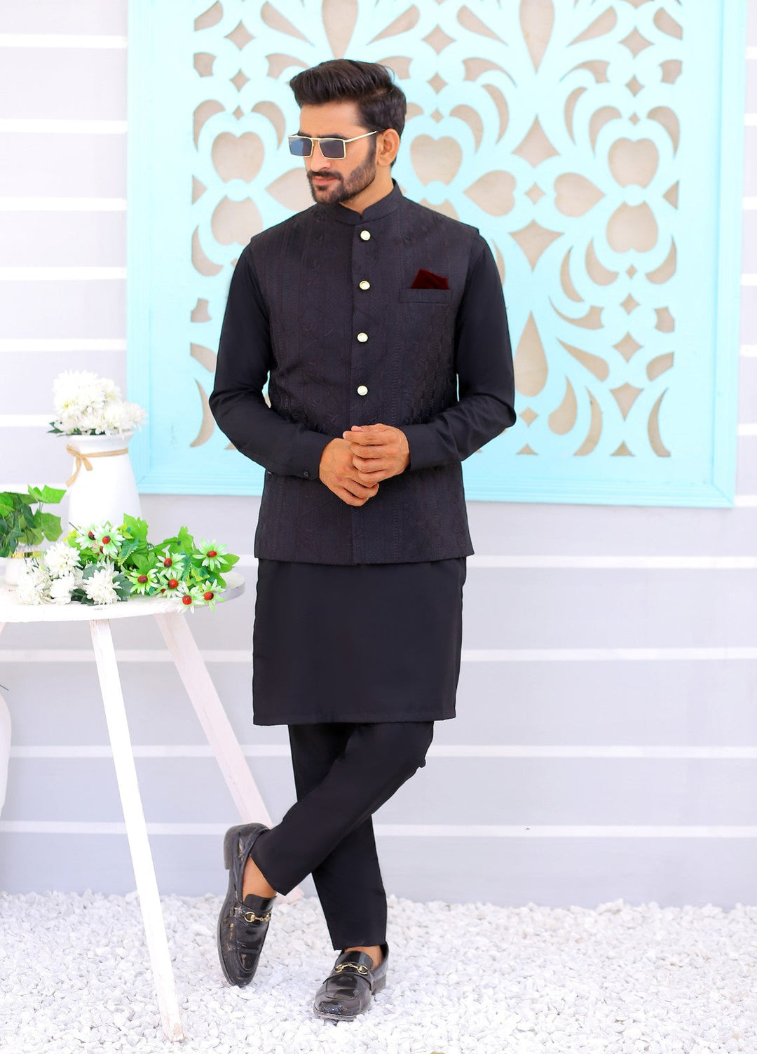 Luxe Waistcoat by Edge Republic Mens RTW Embroidered Wash N Wear 2 Piece Suit ER WC 1077 Festive Collection