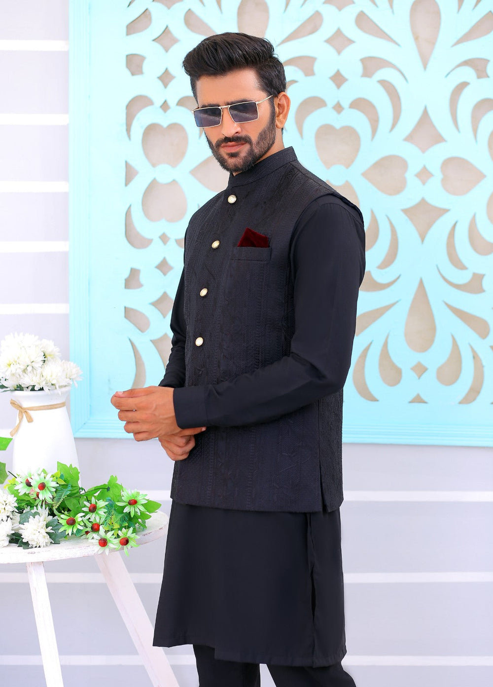 Luxe Waistcoat by Edge Republic Mens RTW Embroidered Wash N Wear 2 Piece Suit ER WC 1077 Festive Collection