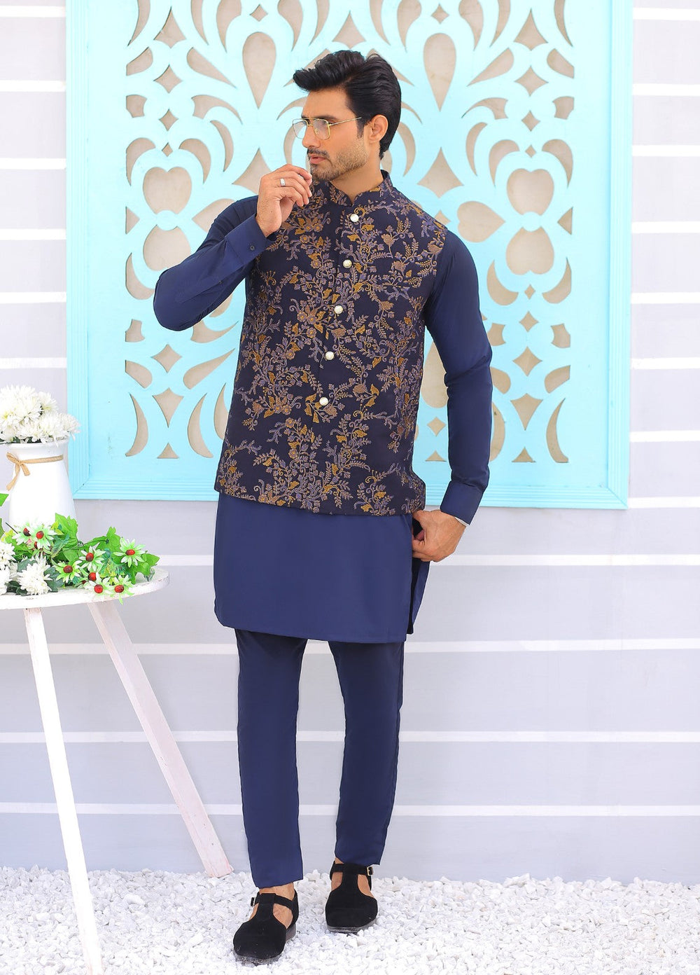 Luxe Waistcoat by Edge Republic Mens RTW Embroidered Wash N Wear 2 Piece Suit ER WC 1076 Festive Collection