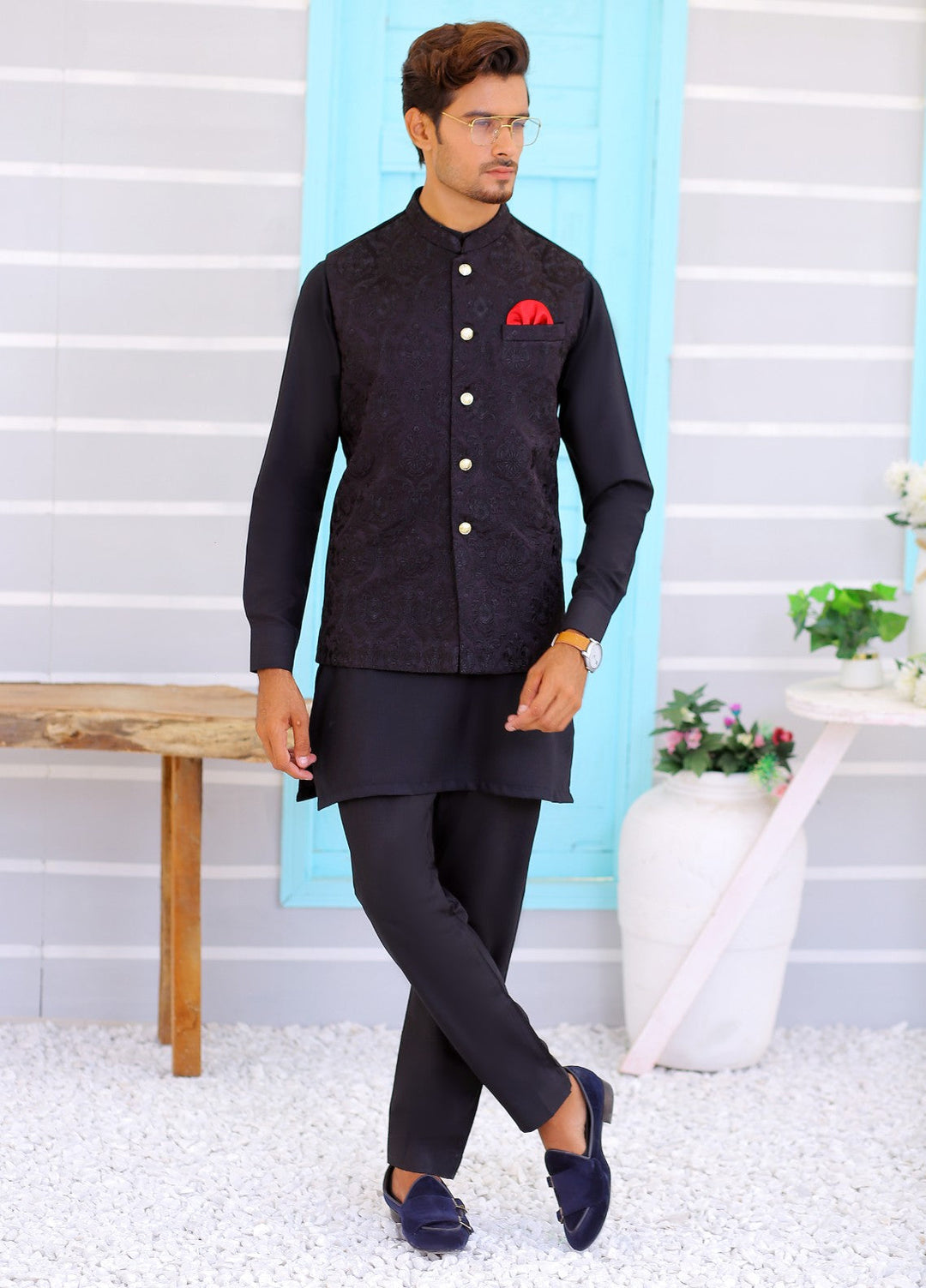 Luxe Waistcoat by Edge Republic Mens RTW Embroidered Wash N Wear 2 Piece Suit ER WC 1072 Festive Collection