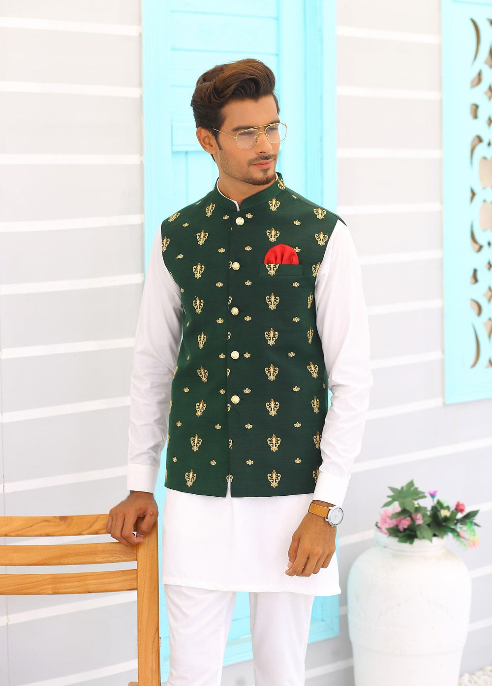 Luxe Waistcoat by Edge Republic Mens RTW Embroidered Wash N Wear 2 Piece Suit ER WC 1066 Festive Collection