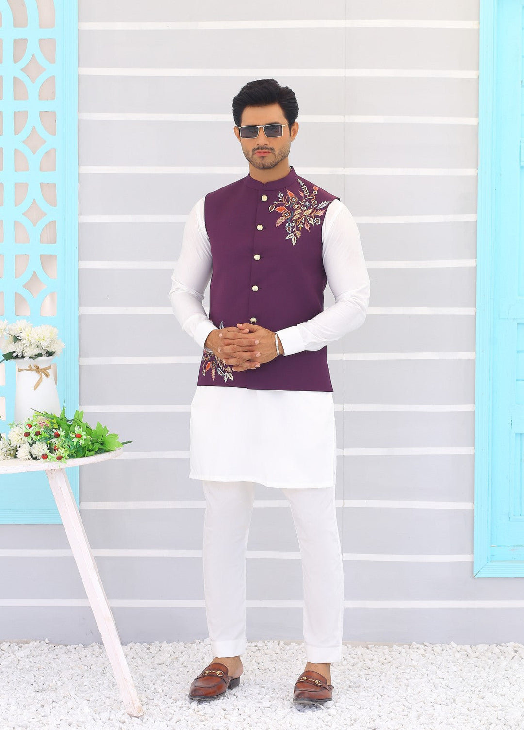 Luxe Waistcoat by Edge Republic Mens RTW Embroidered Wash N Wear 2 Piece Suit ER WC 1063 Festive Collection