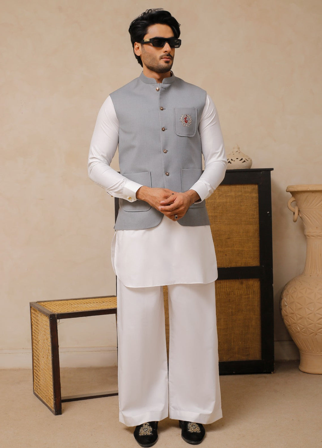 Luxe Waistcoat by Edge Republic Mens RTW Solids Wash N Wear 2 Piece Suit Grey Festive Collection