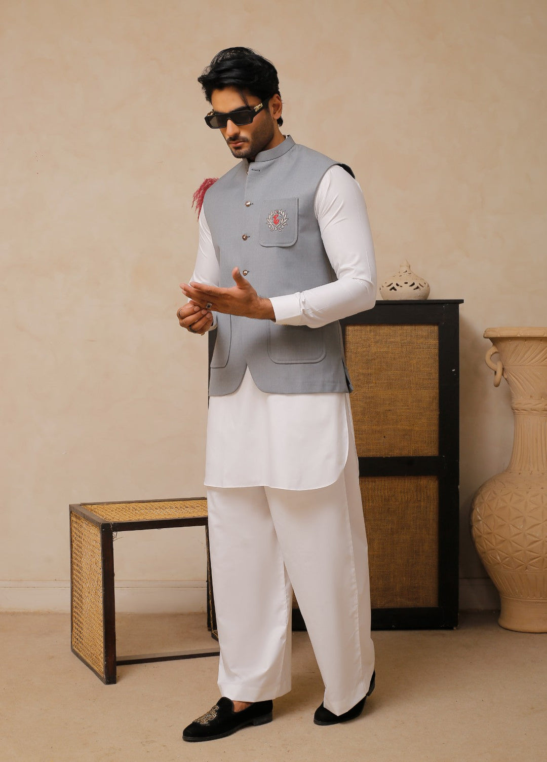 Luxe Waistcoat by Edge Republic Mens RTW Solids Wash N Wear 2 Piece Suit Grey Festive Collection